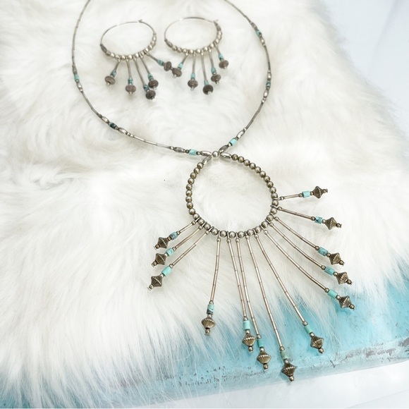 Old Pawn Sterling Silver Necklace/Earring Set Turquoise Heishi Beaded Dangles - Picture 5 of 10